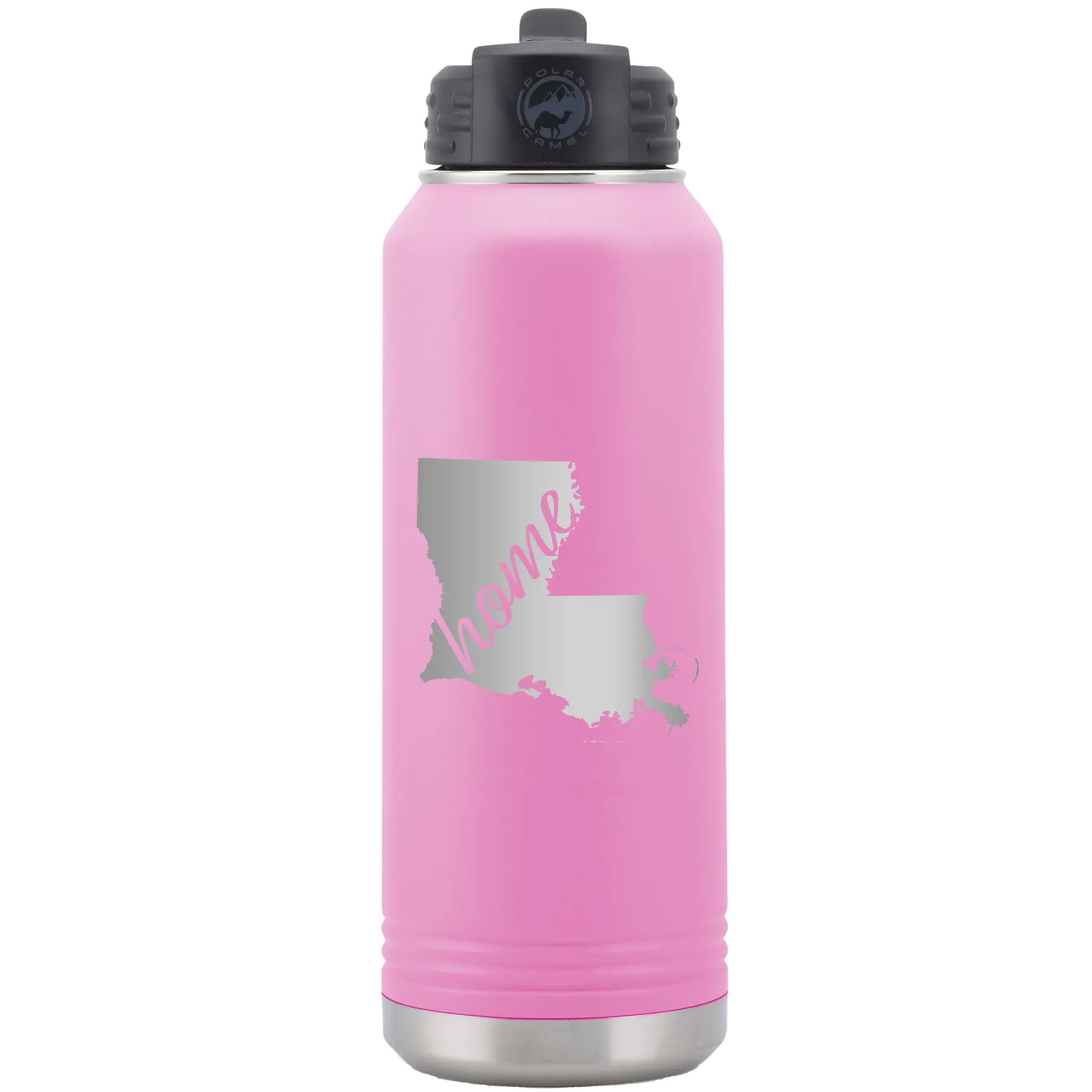 Laser etched light purple 32 oz vacuum insulated water bottle with 'Louisiana Home' design