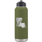Laser etched olive green 32 oz vacuum insulated water bottle with 'Louisiana Home' design
