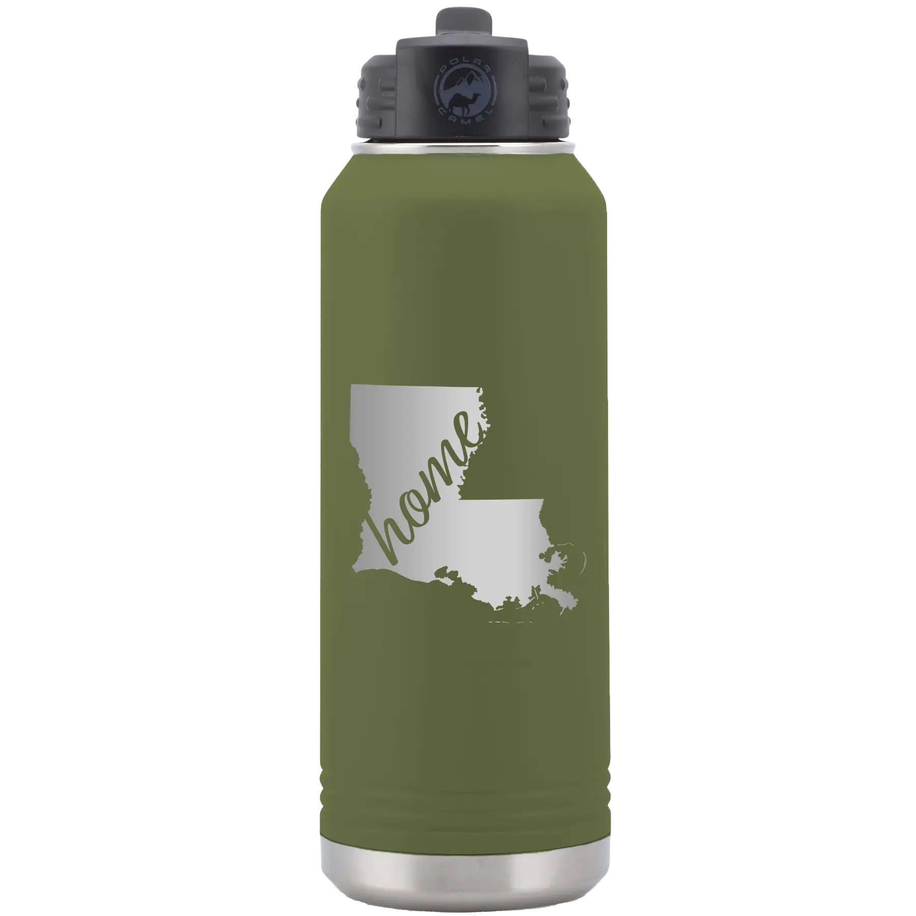 Laser etched olive green 32 oz vacuum insulated water bottle with 'Louisiana Home' design