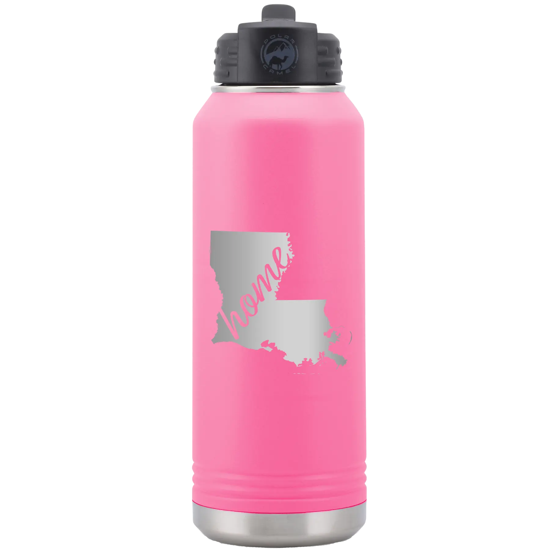 Laser etched pink 32 oz vacuum insulated water bottle with 'Louisiana Home' design
