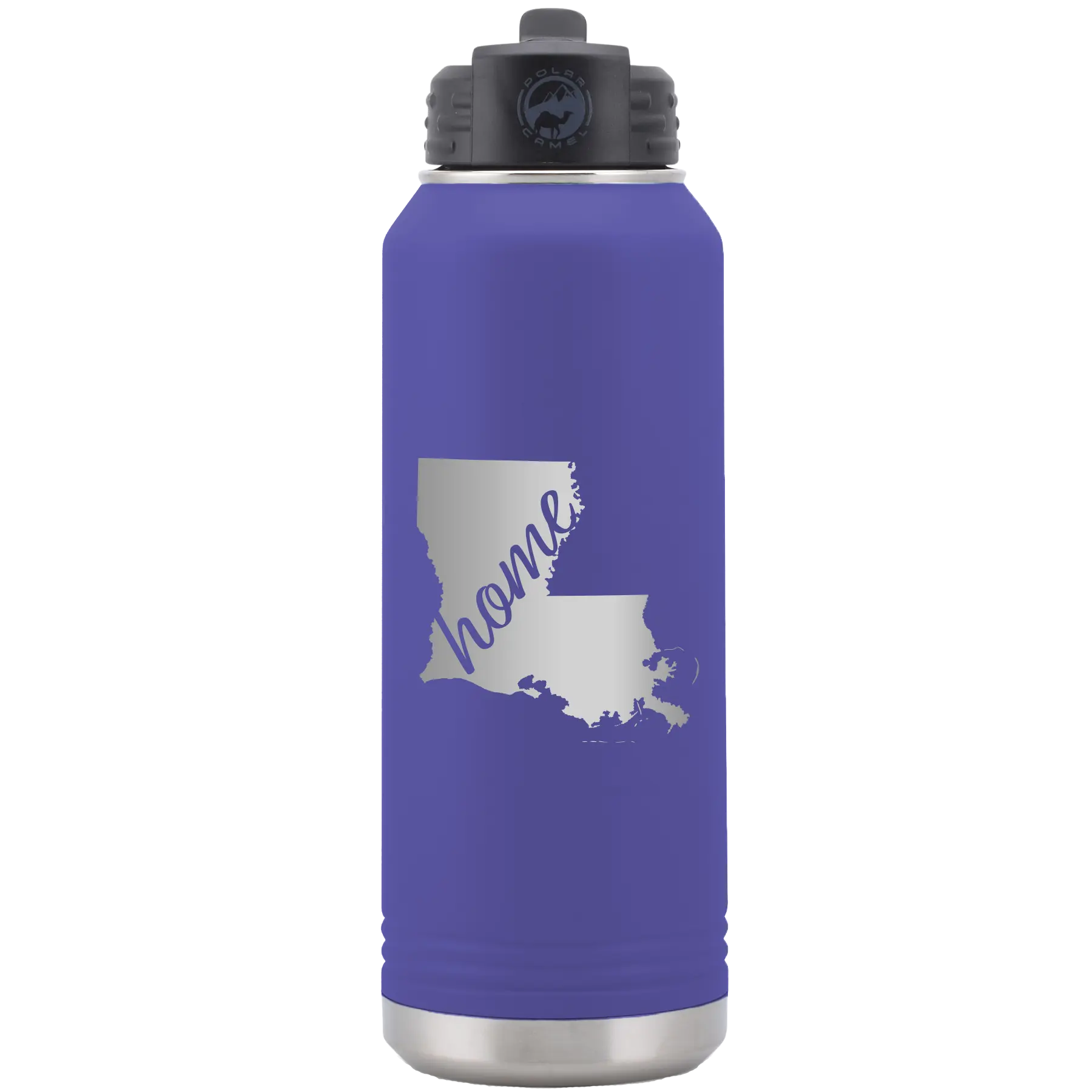 Laser etched purple 32 oz vacuum insulated water bottle with 'Louisiana Home' design