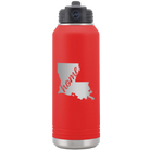 Laser etched red 32 oz vacuum insulated water bottle with 'Louisiana Home' design