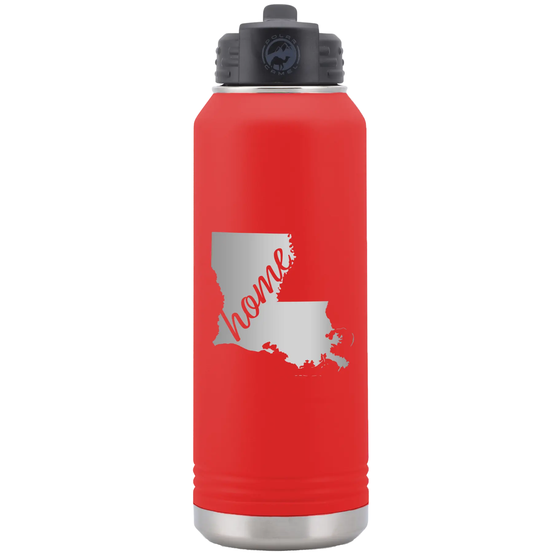Laser etched red 32 oz vacuum insulated water bottle with 'Louisiana Home' design