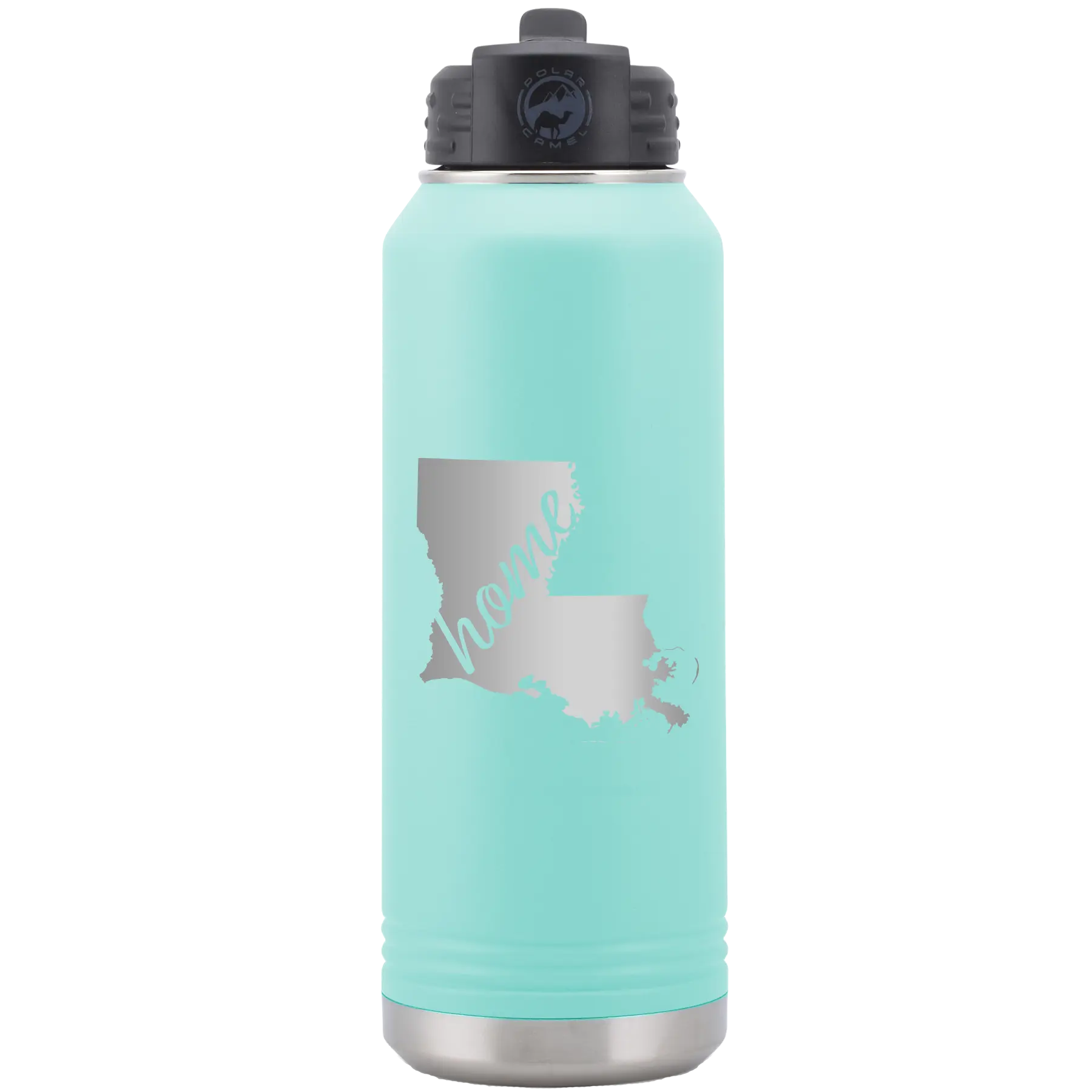 Laser etched teal 32 oz vacuum insulated water bottle with 'Louisiana Home' design