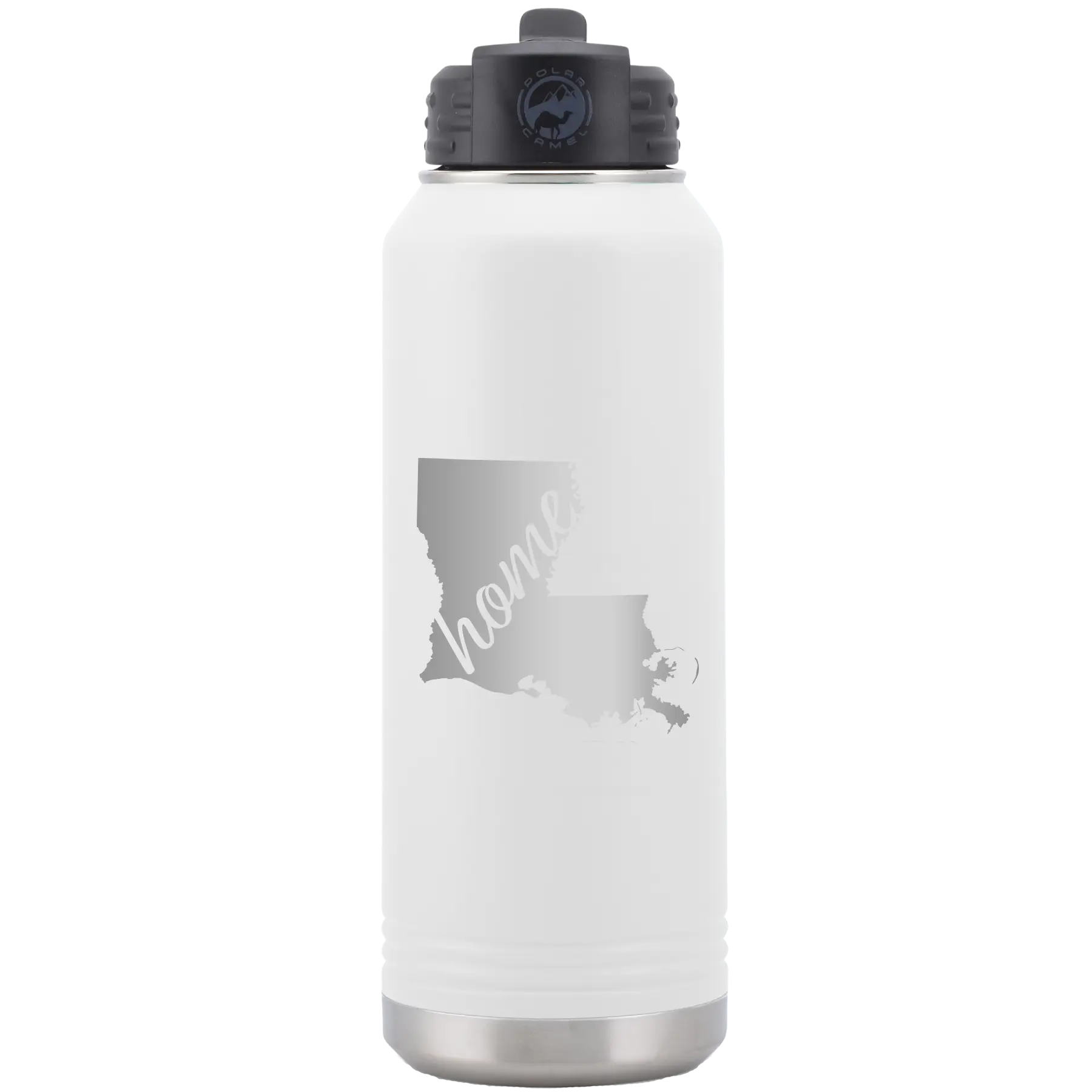 Laser etched white 32 oz vacuum insulated water bottle with 'Louisiana Home' design