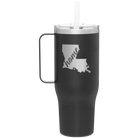 Laser etched black 40 oz vacuum insulated tumbler mug with 'Louisiana Home' design