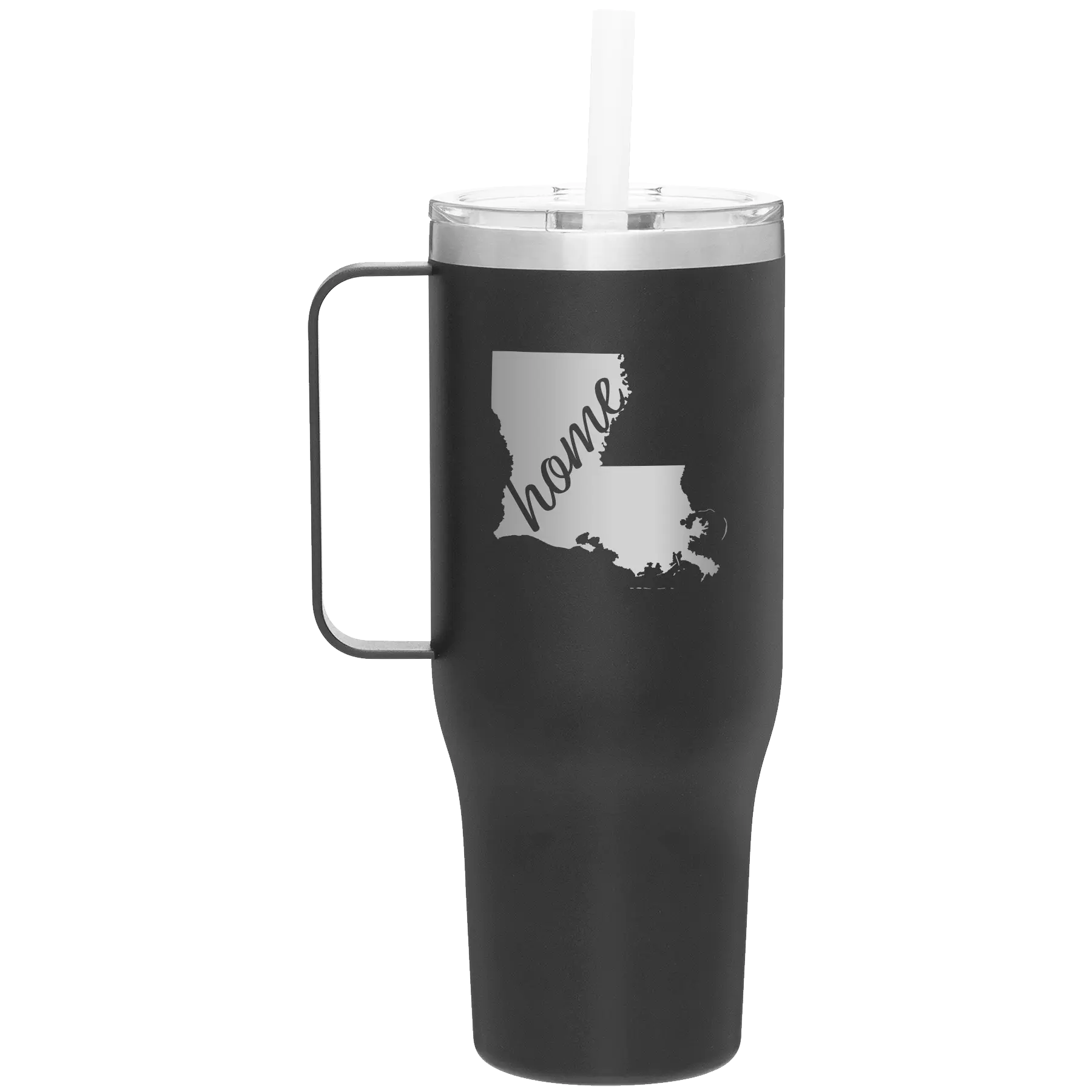 Laser etched black 40 oz vacuum insulated tumbler mug with 'Louisiana Home' design