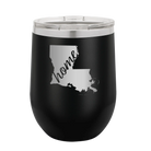 Laser etched black 12 oz vacuum insulated wine cup with 'Louisiana Home' design