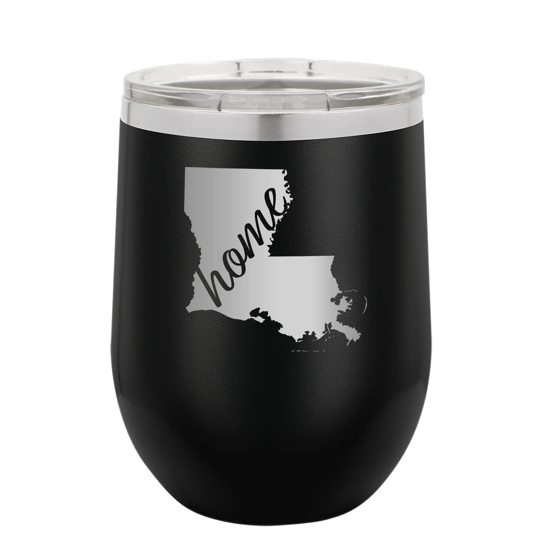 Laser etched black 12 oz vacuum insulated wine cup with 'Louisiana Home' design
