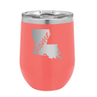Laser etched coral 12 oz vacuum insulated wine cup with 'Louisiana Home' design