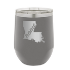 Laser etched dark gray 12 oz vacuum insulated wine cup with 'Louisiana Home' design