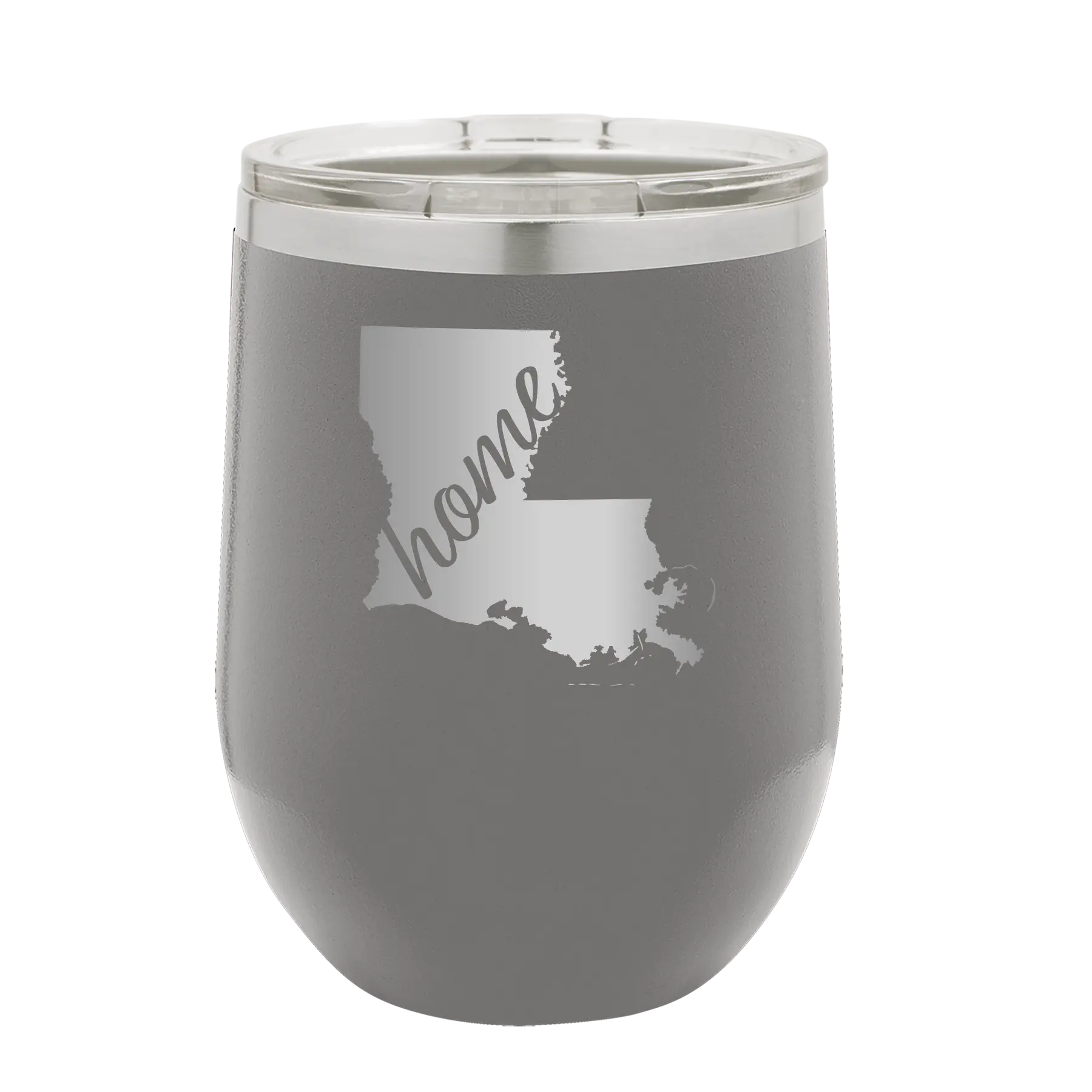 Laser etched dark gray 12 oz vacuum insulated wine cup with 'Louisiana Home' design