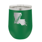 Laser etched green 12 oz vacuum insulated wine cup with 'Louisiana Home' design