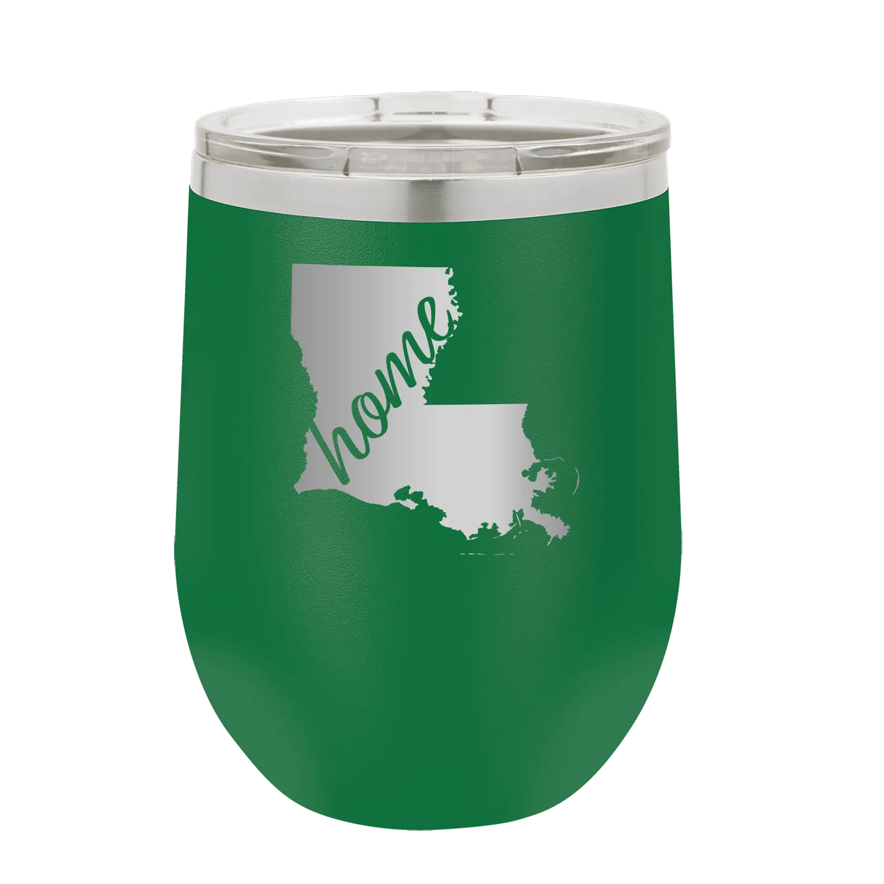 Laser etched green 12 oz vacuum insulated wine cup with 'Louisiana Home' design