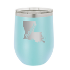 Laser etched light blue 12 oz vacuum insulated wine cup with 'Louisiana Home' design