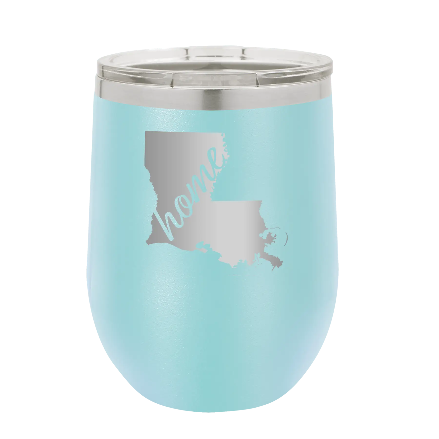 Laser etched light blue 12 oz vacuum insulated wine cup with 'Louisiana Home' design