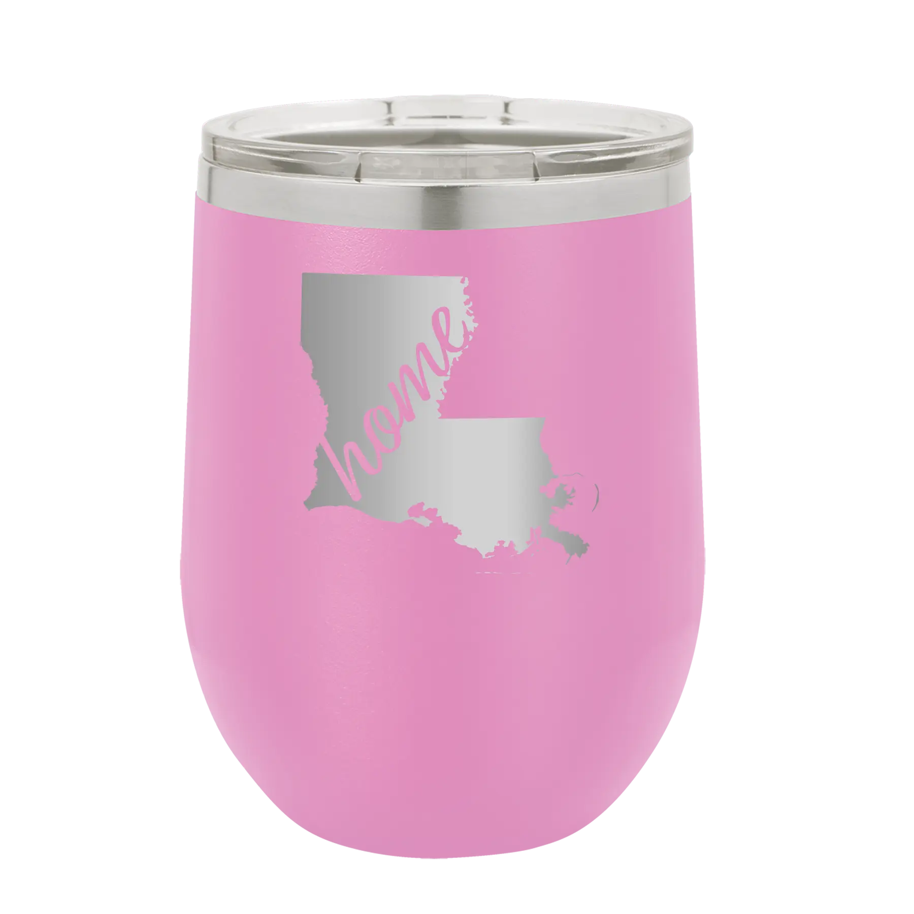 Laser etched light purple 12 oz vacuum insulated wine cup with 'Louisiana Home' design