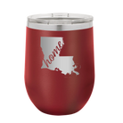 Laser etched maroon 12 oz vacuum insulated wine cup with 'Louisiana Home' design