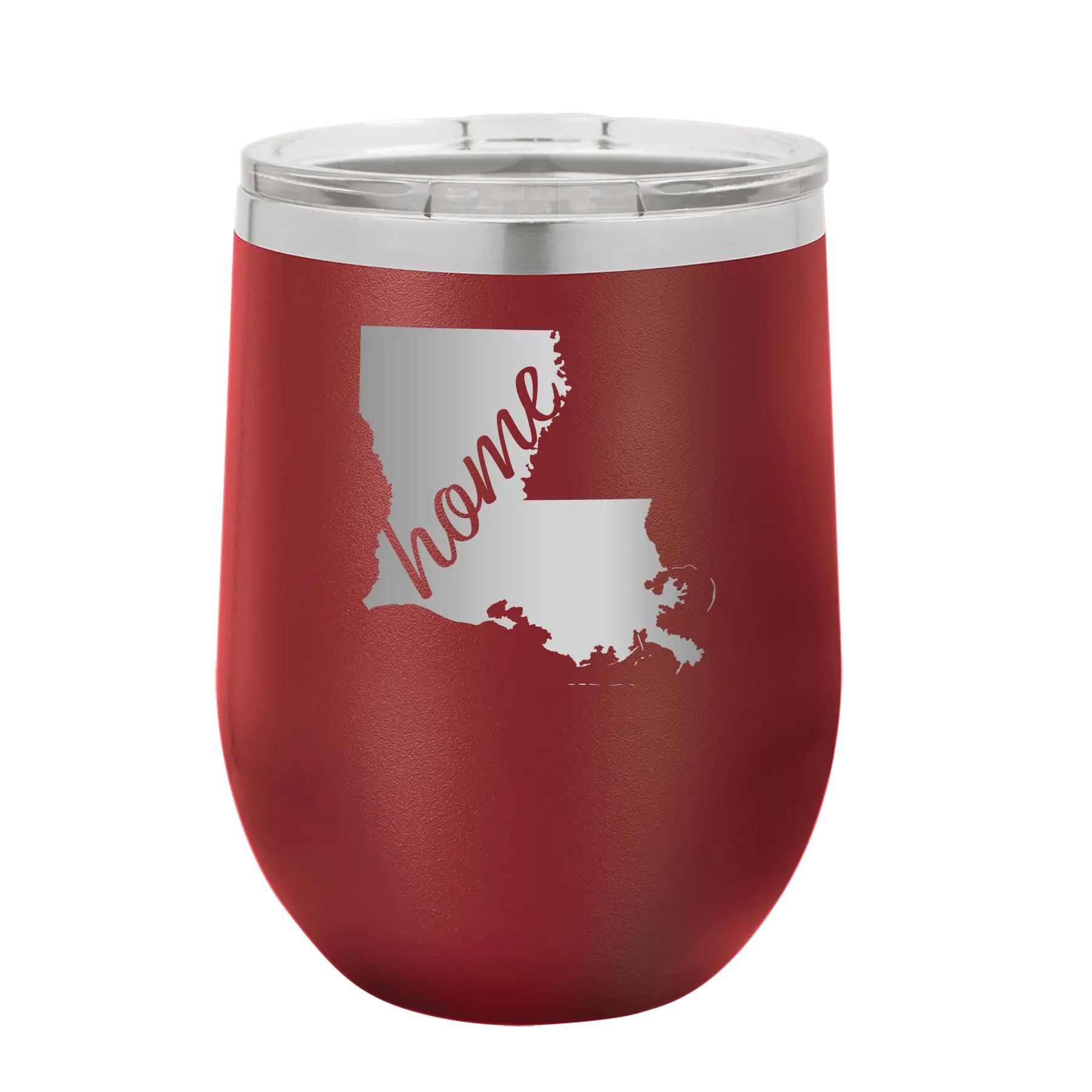 Laser etched maroon 12 oz vacuum insulated wine cup with 'Louisiana Home' design
