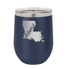 Laser etched navy 12 oz vacuum insulated wine cup with 'Louisiana Home' design