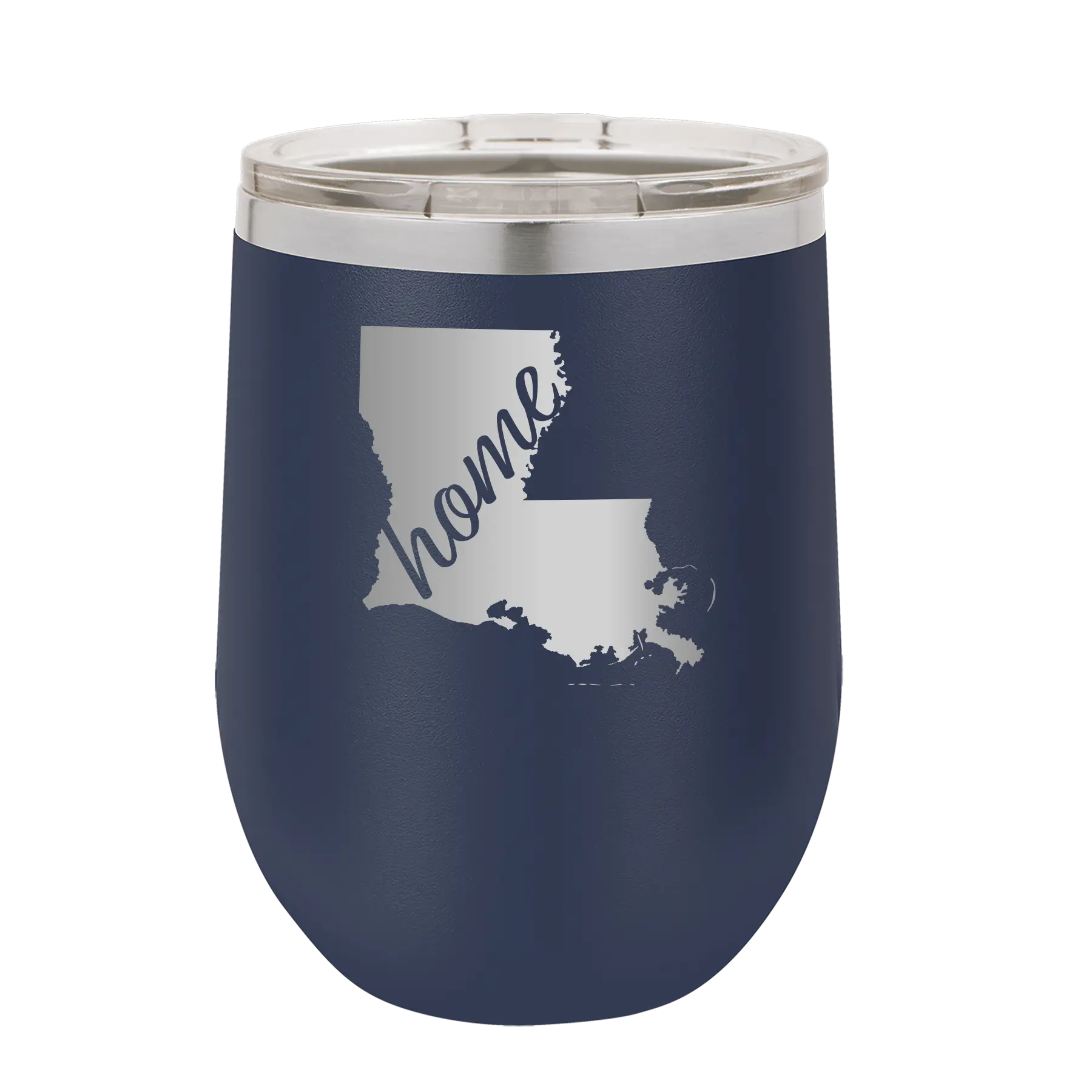 Laser etched navy 12 oz vacuum insulated wine cup with 'Louisiana Home' design