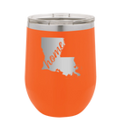 Laser etched orange 12 oz vacuum insulated wine cup with 'Louisiana Home' design