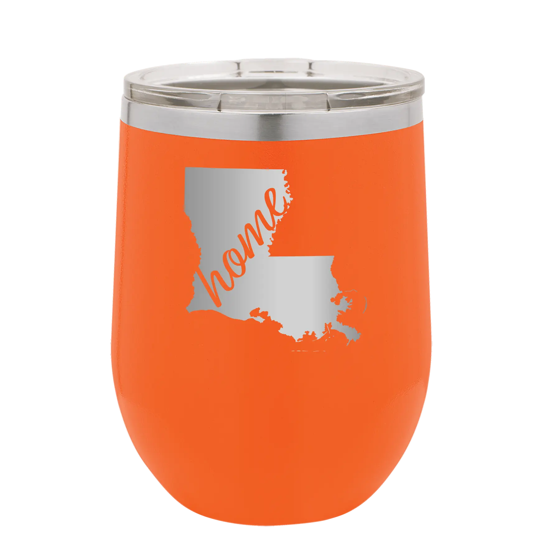 Laser etched orange 12 oz vacuum insulated wine cup with 'Louisiana Home' design