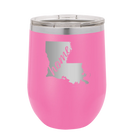 Laser etched pink 12 oz vacuum insulated wine cup with 'Louisiana Home' design