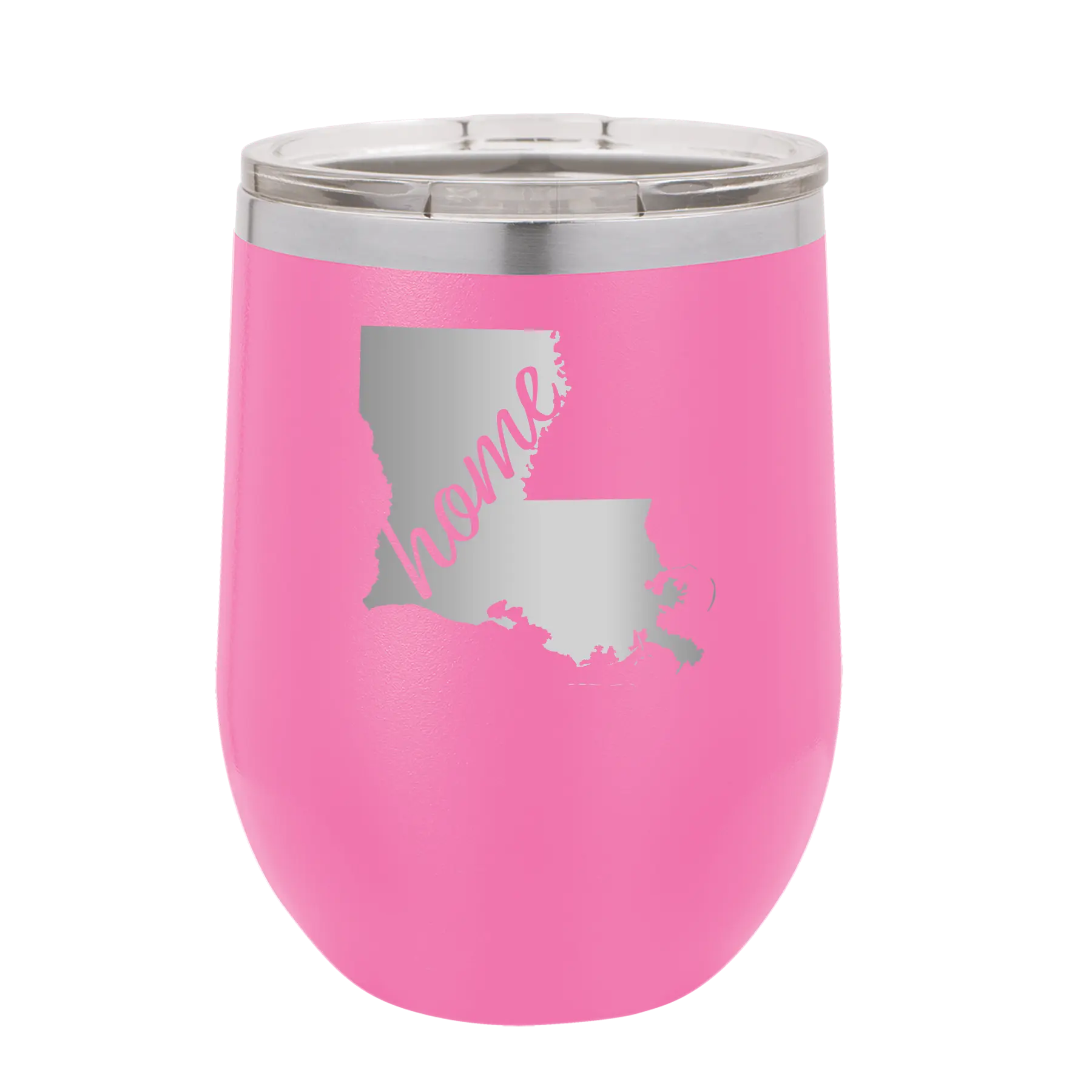 Laser etched pink 12 oz vacuum insulated wine cup with 'Louisiana Home' design
