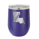 Laser etched purple 12 oz vacuum insulated wine cup with 'Louisiana Home' design