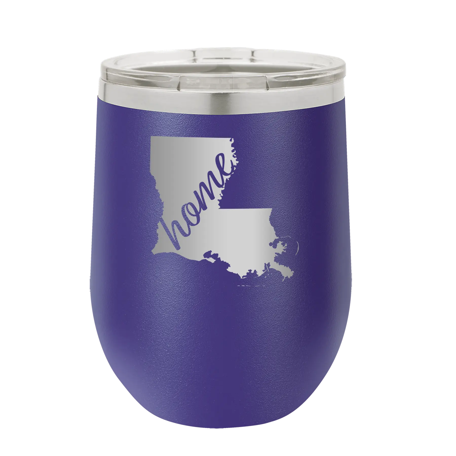 Laser etched purple 12 oz vacuum insulated wine cup with 'Louisiana Home' design