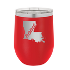 Laser etched red 12 oz vacuum insulated wine cup with 'Louisiana Home' design