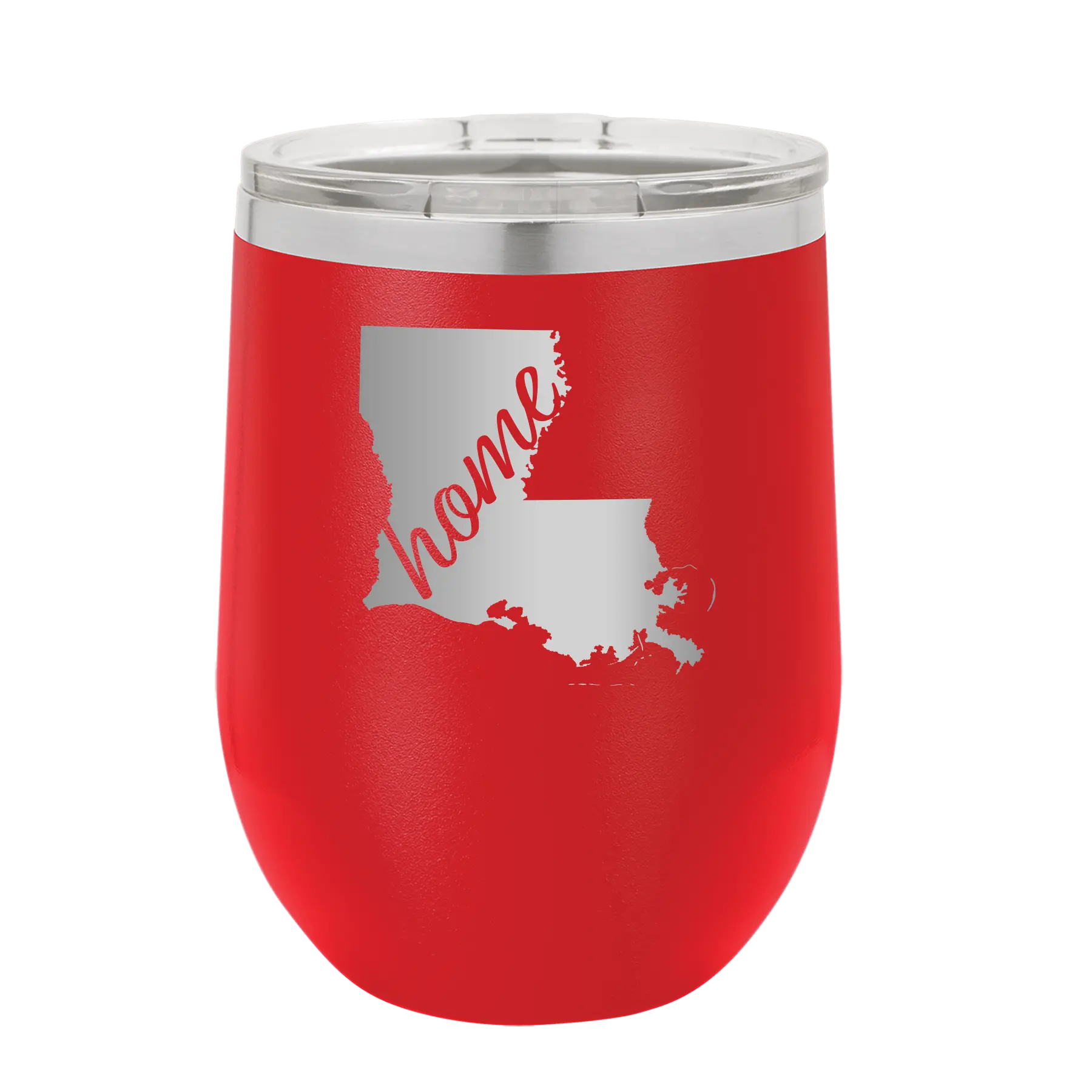 Laser etched red 12 oz vacuum insulated wine cup with 'Louisiana Home' design