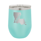 Laser etched teal 12 oz vacuum insulated wine cup with 'Louisiana Home' design