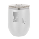 Laser etched white 12 oz vacuum insulated wine cup with 'Louisiana Home' design