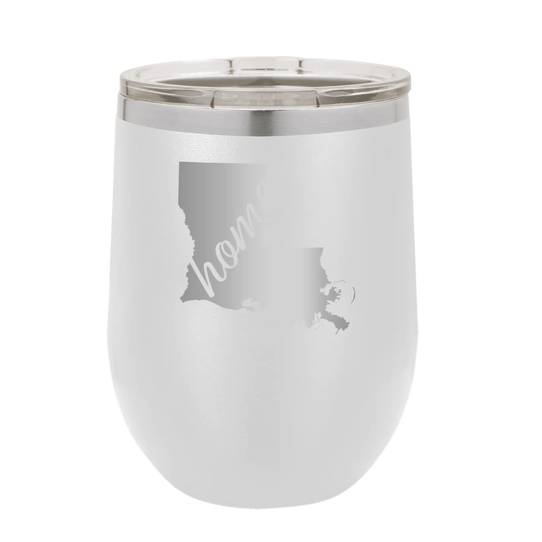 Laser etched white 12 oz vacuum insulated wine cup with 'Louisiana Home' design