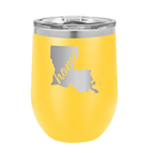 Laser etched yellow 12 oz vacuum insulated wine cup with 'Louisiana Home' design