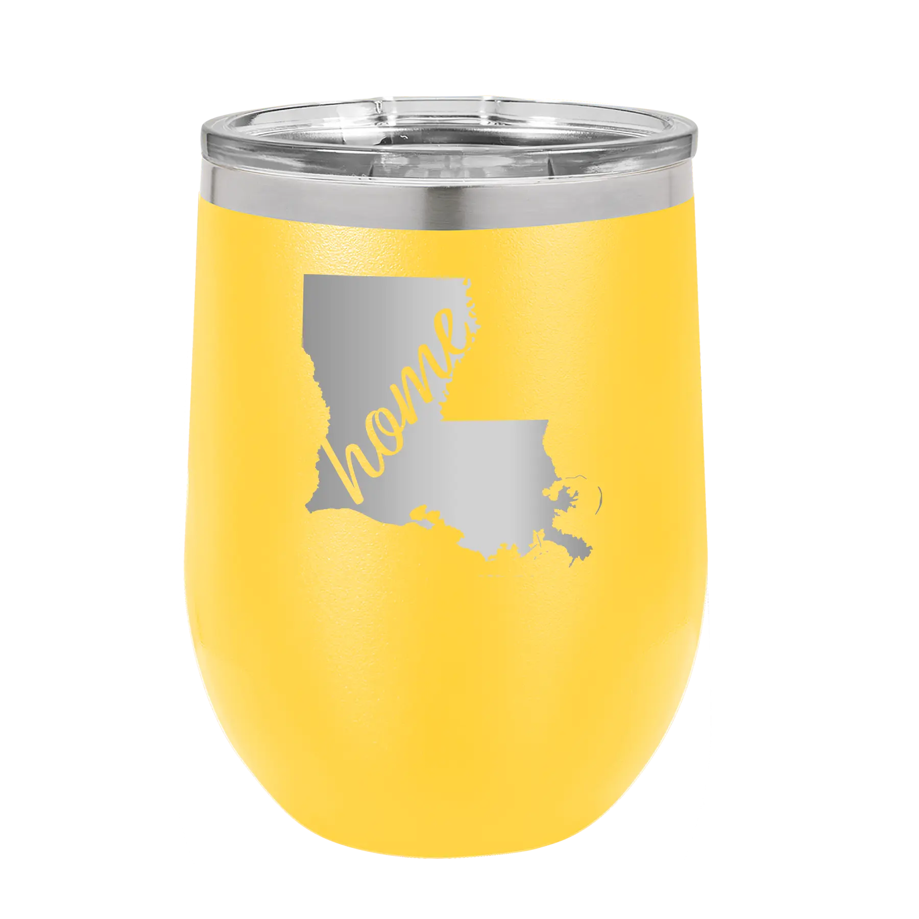 Laser etched yellow 12 oz vacuum insulated wine cup with 'Louisiana Home' design