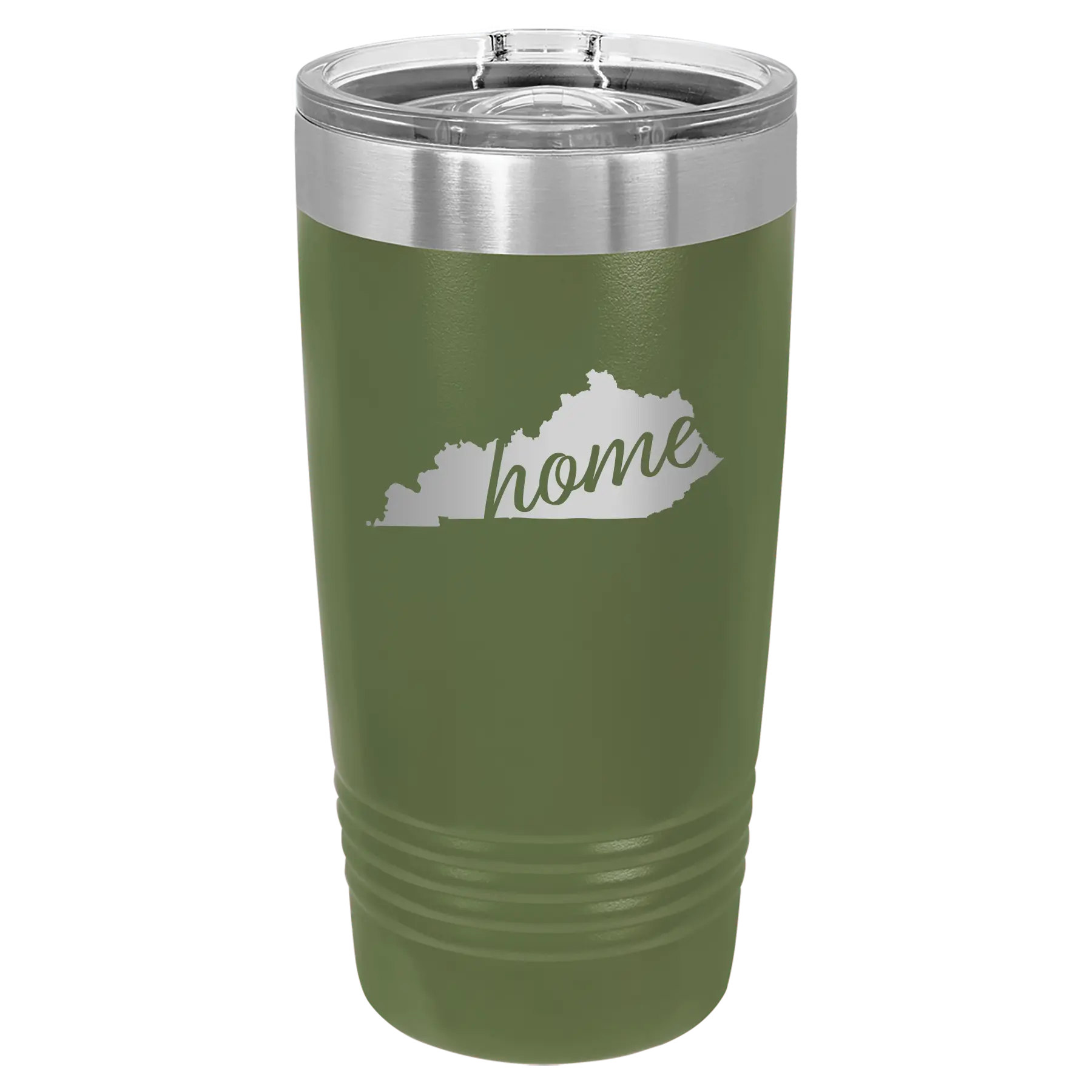 Laser etched olive green 20 oz vacuum insulated tumbler with 'Kentucky Home' design