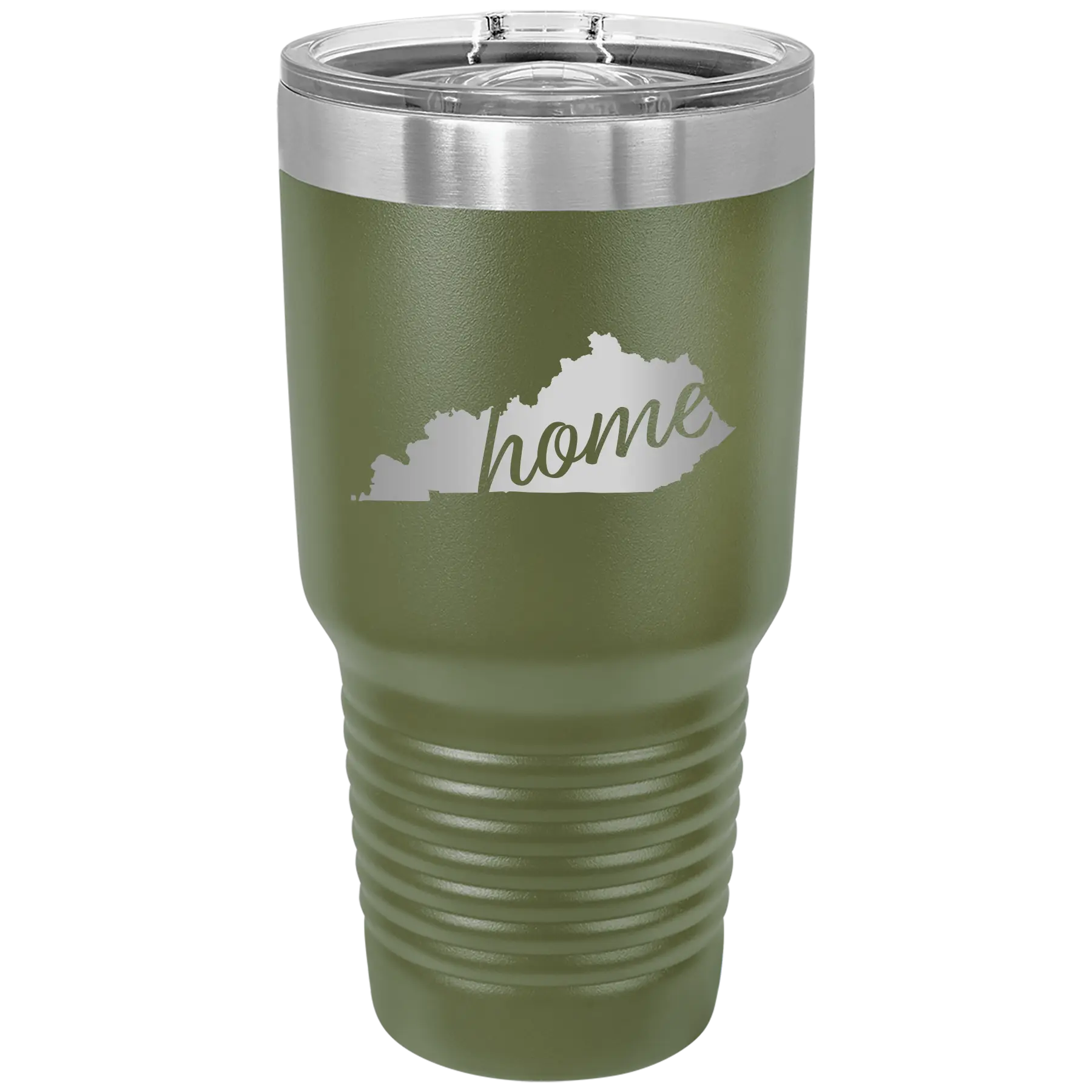 Laser etched olive green 30 oz vacuum insulated tumbler with 'Kentucky Home' design