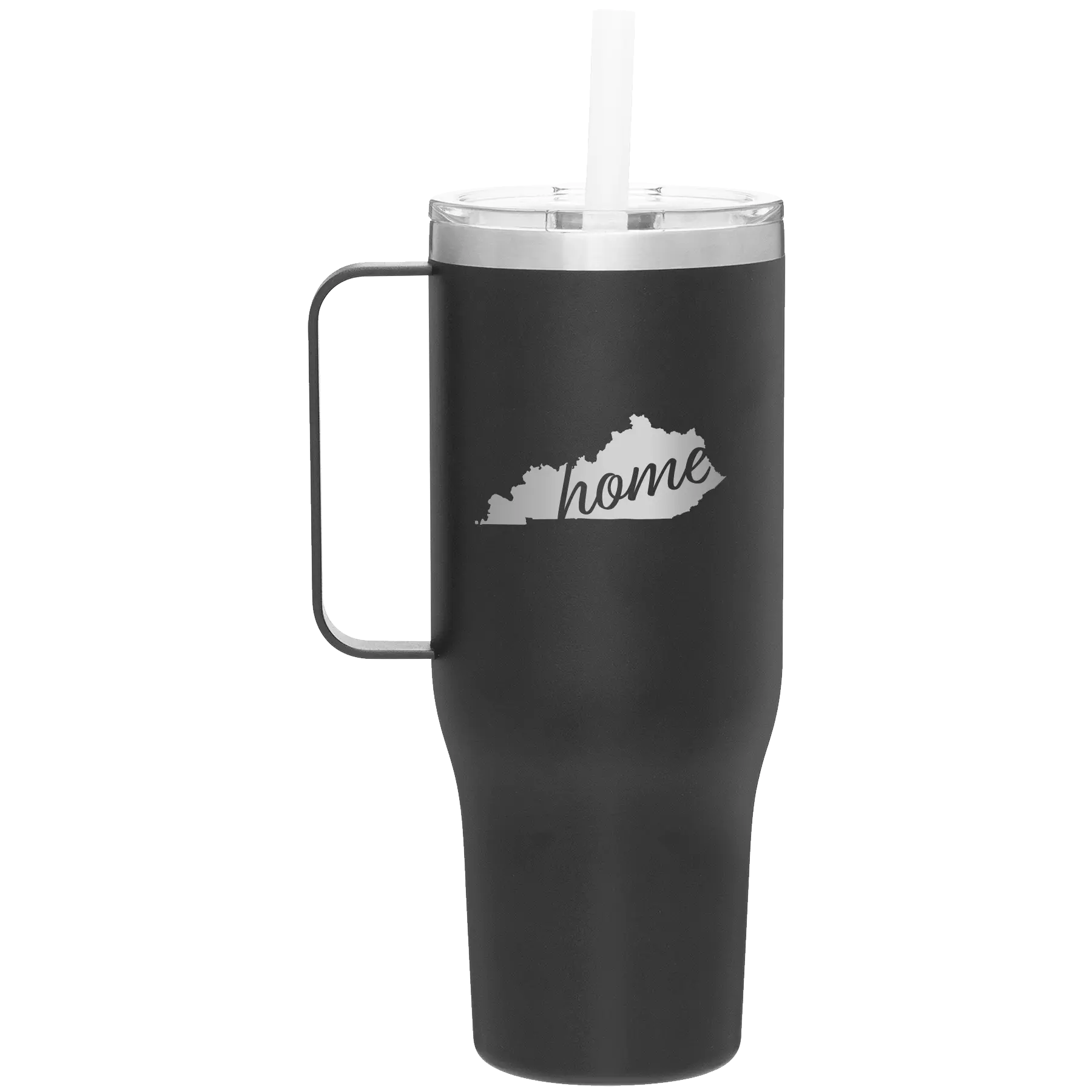 Laser etched black 40 oz vacuum insulated tumbler mug with 'Kentucky Home' design