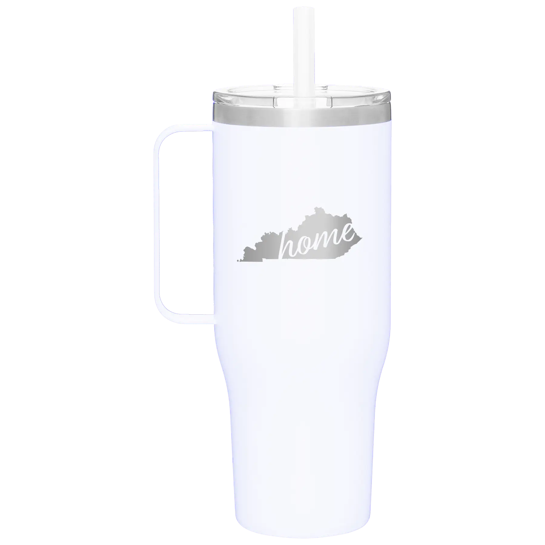 Laser etched white 40 oz vacuum insulated tumbler mug with 'Kentucky Home' design