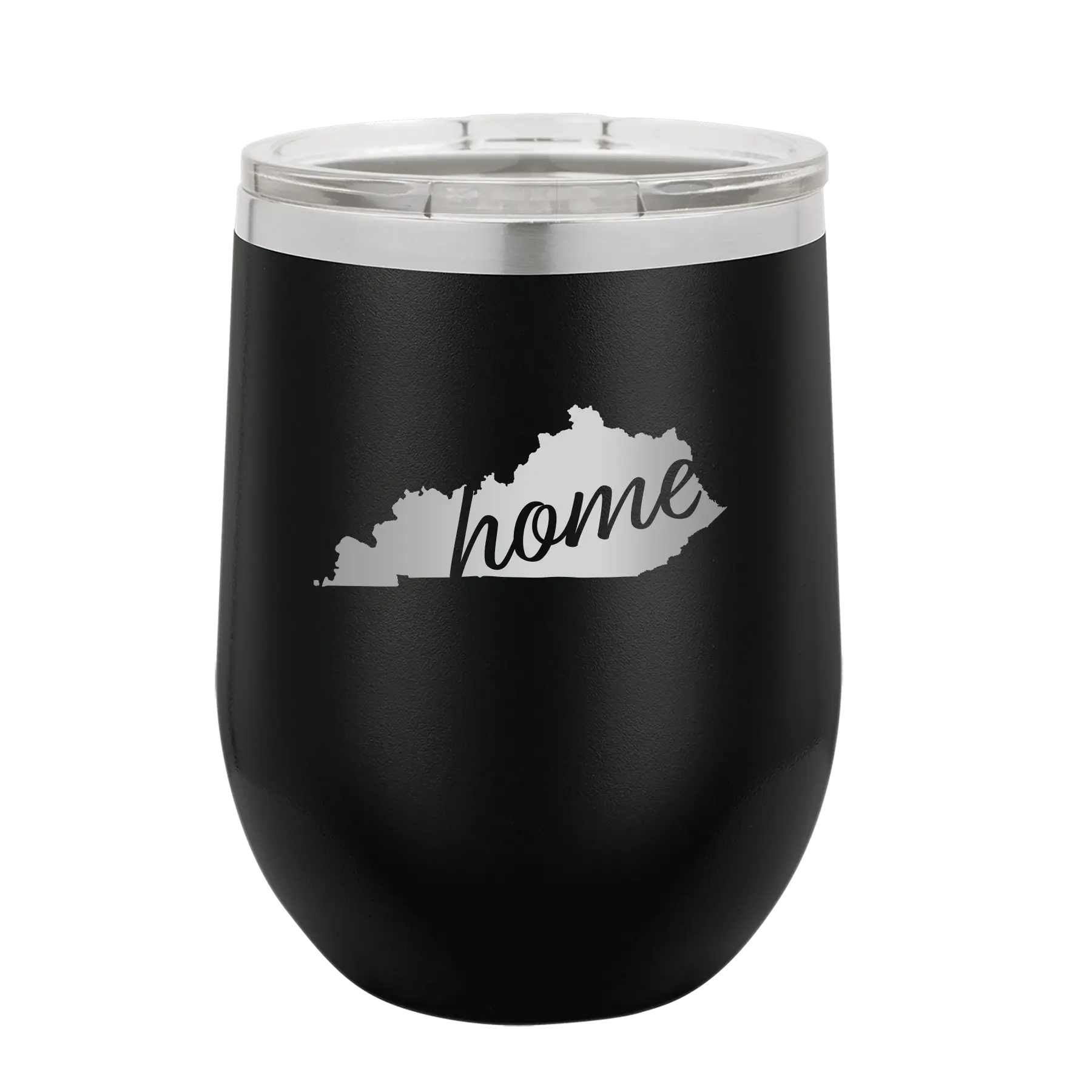 Laser etched black 12 oz vacuum insulated wine cup with 'Kentucky Home' design