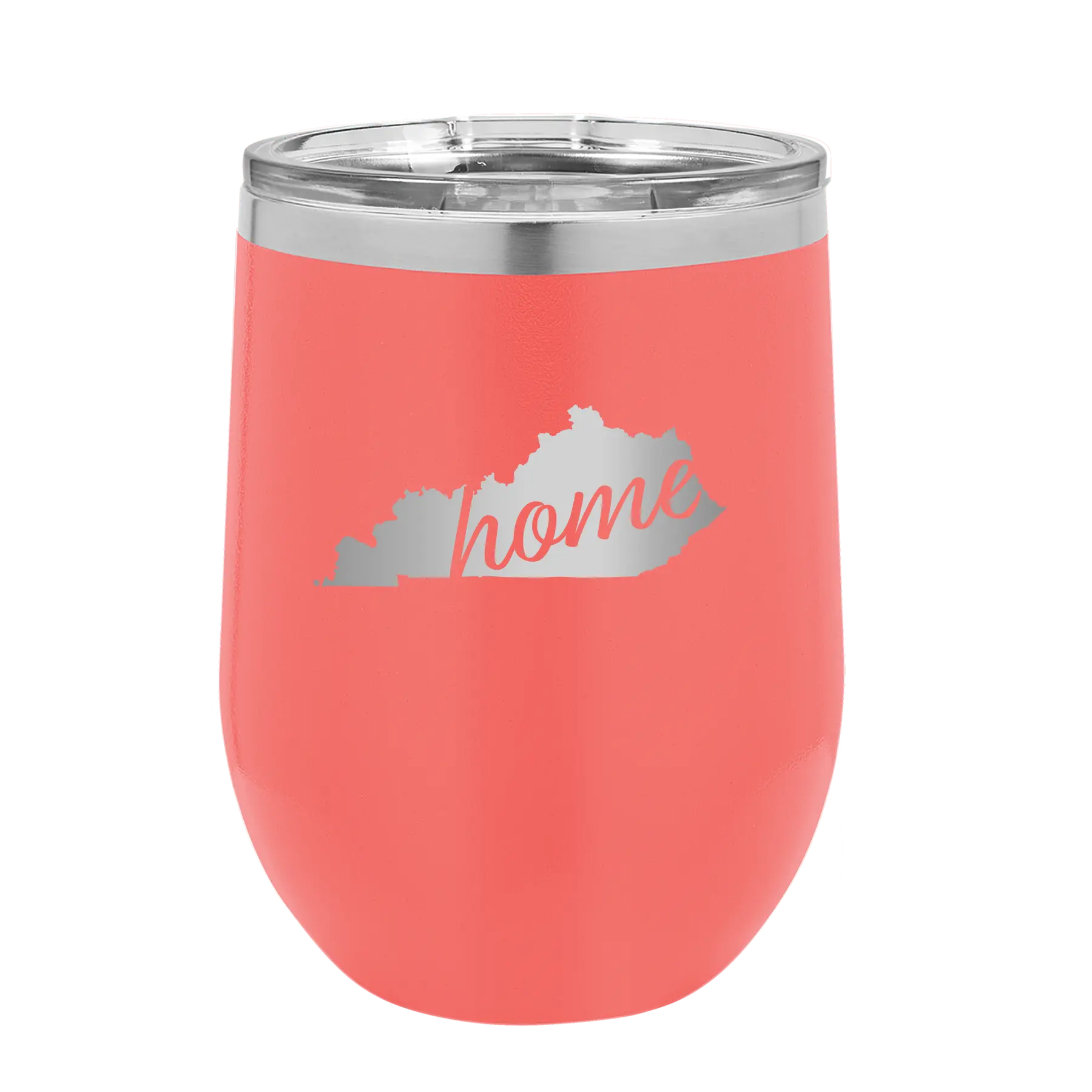 Laser etched coral 12 oz vacuum insulated wine cup with 'Kentucky Home' design