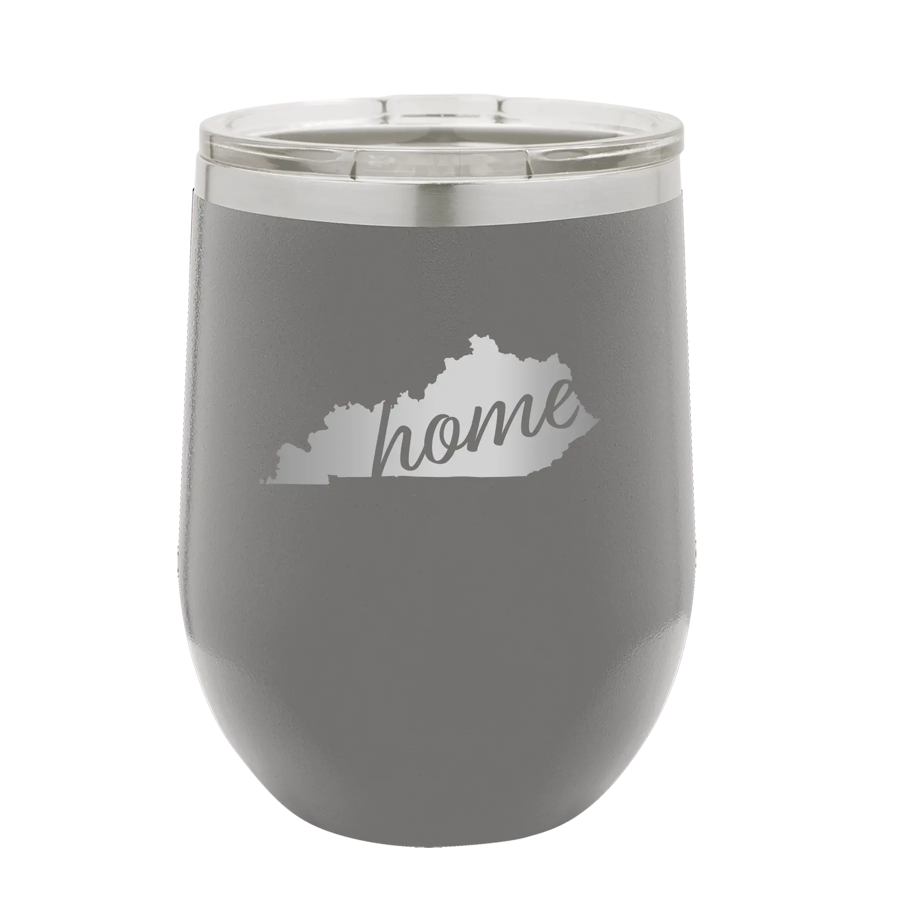 Laser etched dark gray 12 oz vacuum insulated wine cup with 'Kentucky Home' design