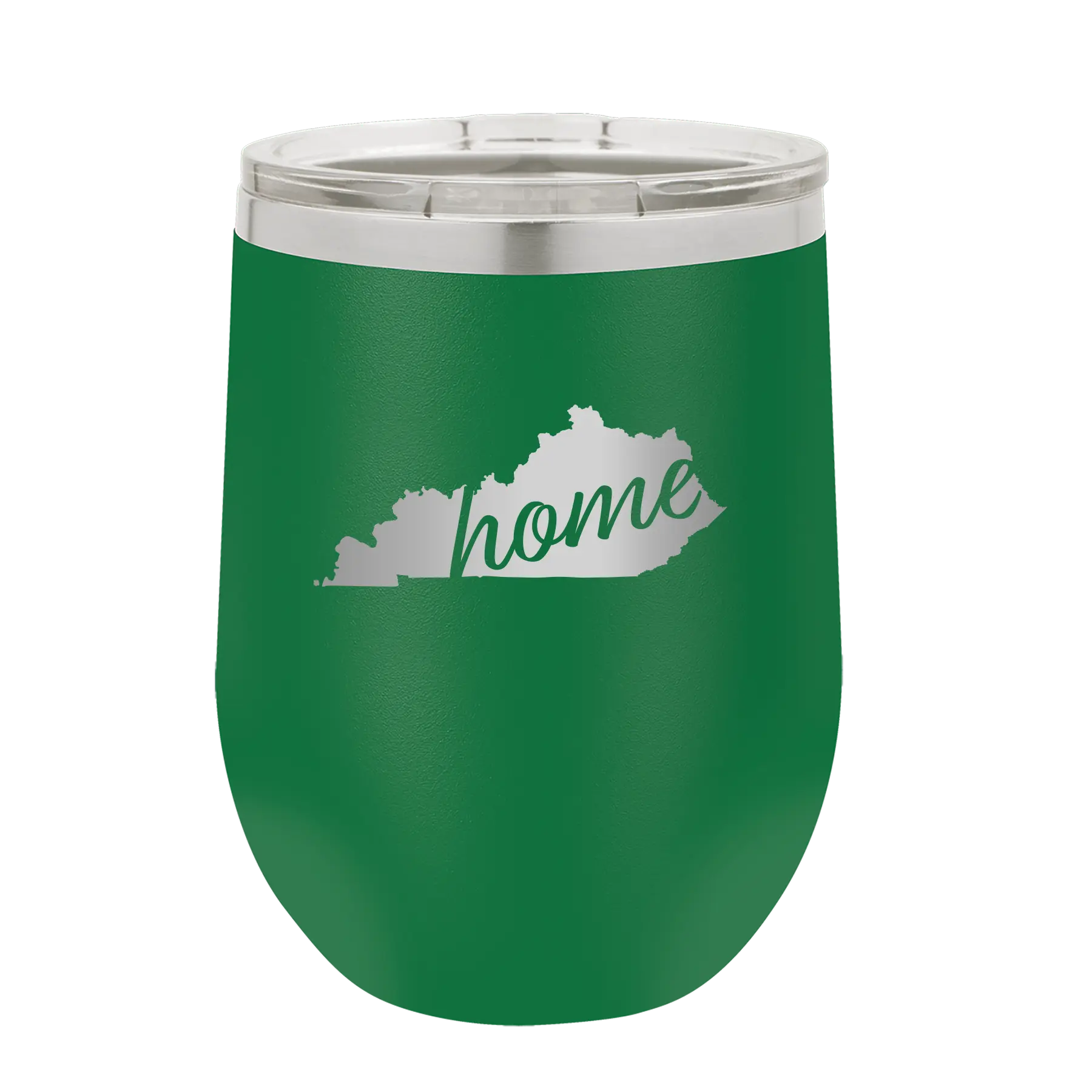 Laser etched green 12 oz vacuum insulated wine cup with 'Kentucky Home' design