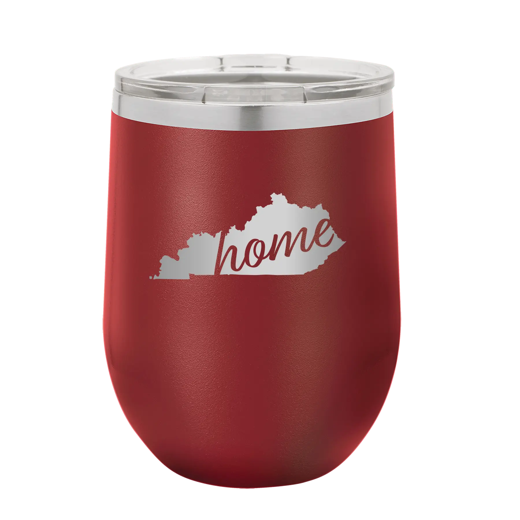 Laser etched maroon 12 oz vacuum insulated wine cup with 'Kentucky Home' design