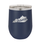 Laser etched navy 12 oz vacuum insulated wine cup with 'Kentucky Home' design