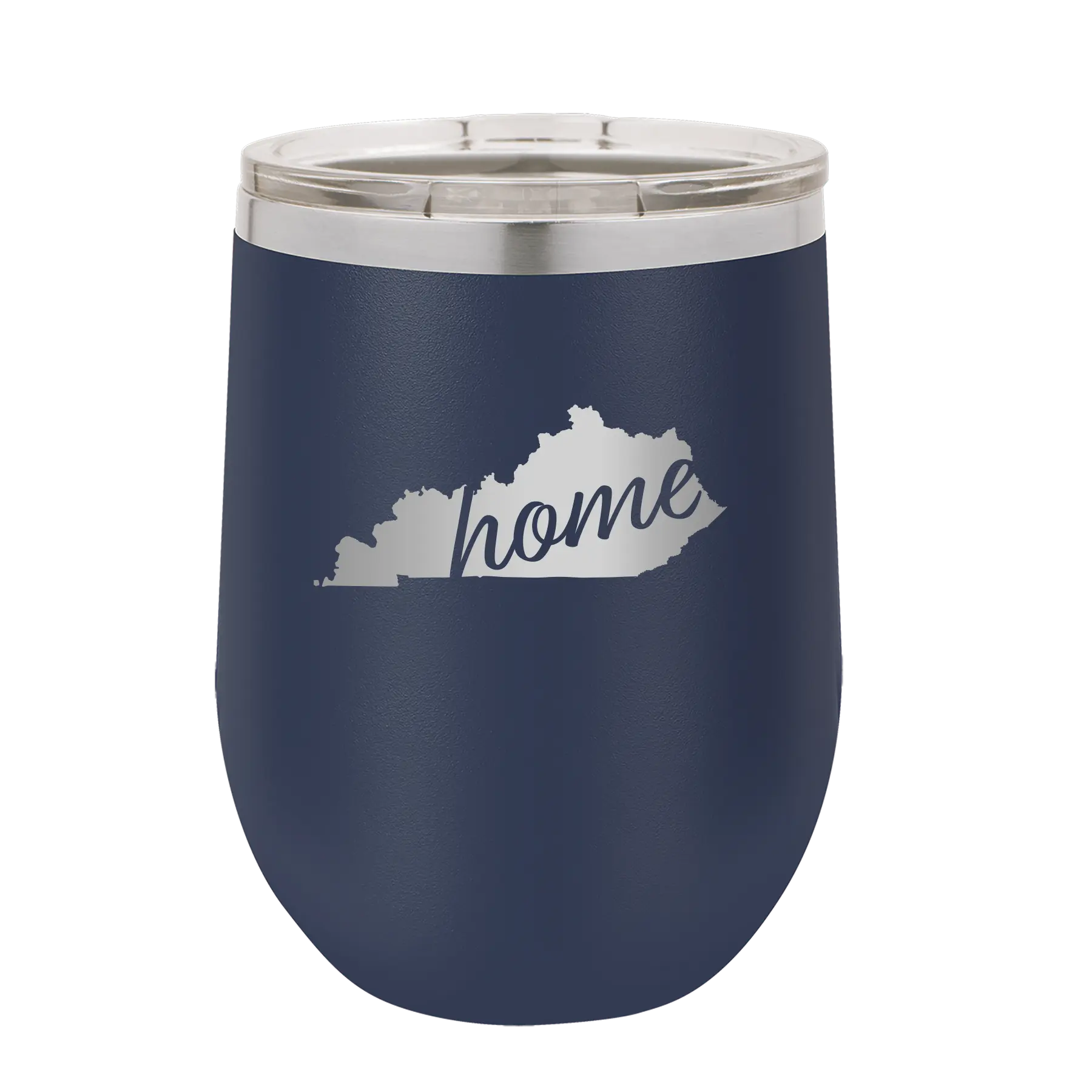 Laser etched navy 12 oz vacuum insulated wine cup with 'Kentucky Home' design