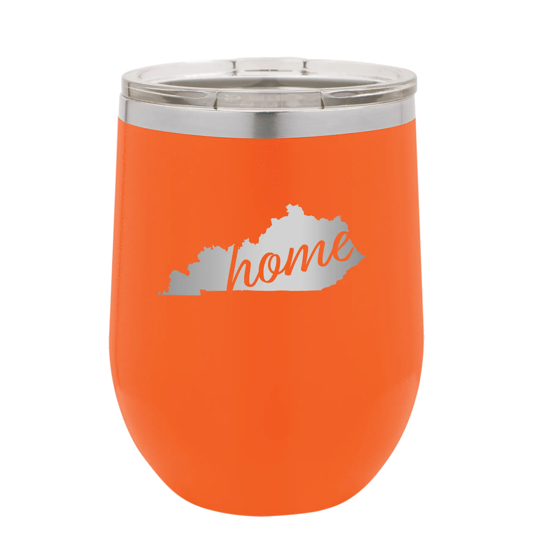 Laser etched orange 12 oz vacuum insulated wine cup with 'Kentucky Home' design
